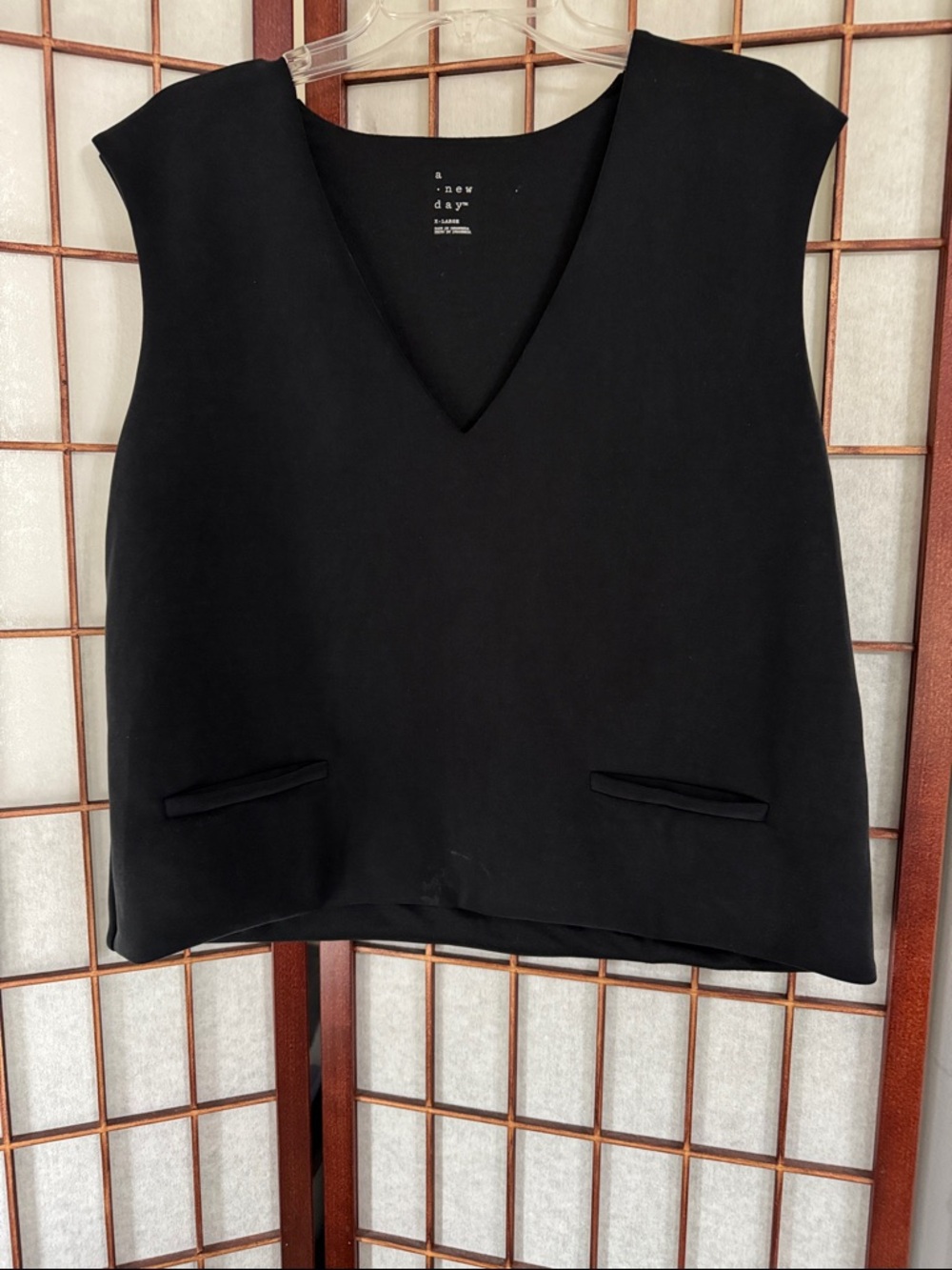 a new day Black V-Neck Sleeveless Soft Tunic with Pocket Details PTP 22.5 inches